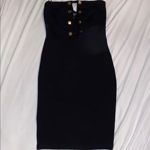 Black Gold Button Strapless Bodycon Dress